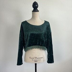 Womens Long Sleeve Velvet Cropped Top Emerald Green Lace Brocade Flair Trim Lrg